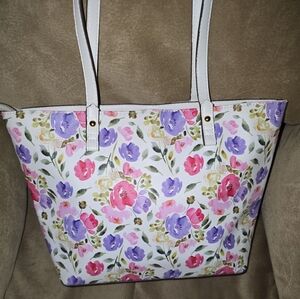 Nanette Lepora Floral Print White Tote Pink & Purple Blooms 11"x9.5" *Clean